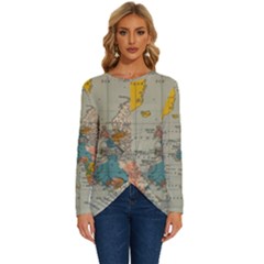 Vintage World Map Long Sleeve Crew Neck Pullover Top by Ket1n9