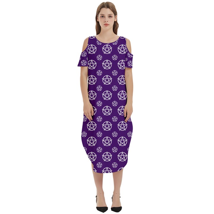 White pentacle and purple pattern Cold Shoulder Loose Fit Dress With Pockets