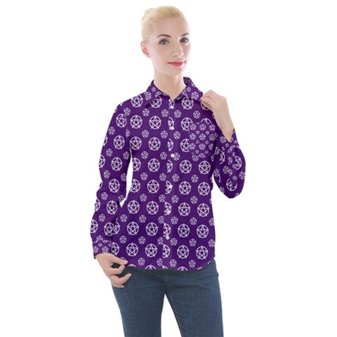 White Pentacle And Purple Pattern Women s Long Sleeve Pocket Shirt by cheekywitch