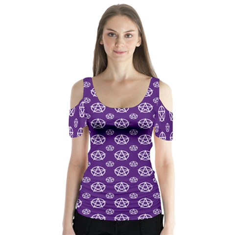 White Pentacle And Purple Pattern Butterfly Sleeve Cutout T-shirt  by cheekywitch