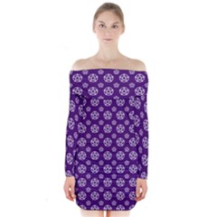 White Pentacle And Purple Pattern Long Sleeve Off Shoulder Dress