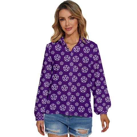 White Pentacle And Purple Pattern Women s Long Sleeve Button Up Shirt by cheekywitch