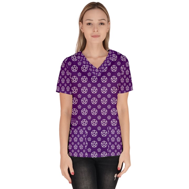 White pentacle and purple pattern Women s V-Neck Scrub Top