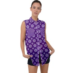 White Pentacle And Purple Pattern Sleeveless Chiffon Button Shirt