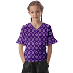 White Pentacle And Purple Pattern Kids  V-neck Horn Sleeve Blouse