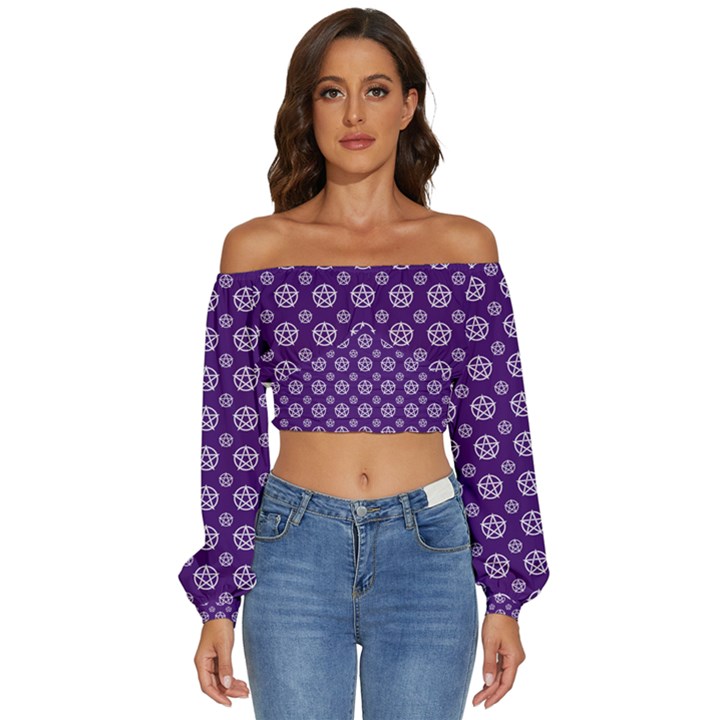 White pentacle and purple pattern Long Sleeve Crinkled Weave Crop Top