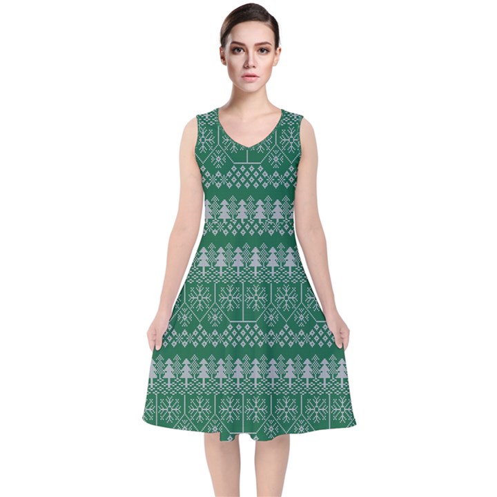 Christmas Knit Digital V-Neck Midi Sleeveless Dress 