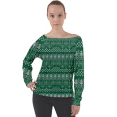 Christmas Knit Digital Off Shoulder Long Sleeve Velour Top by Mariart