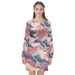 Waves Ocean Sea Water Pattern Rough Seas Digital Art Nature Nautical Long Sleeve Chiffon Shift Dress  by Bedest