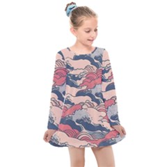 Waves Ocean Sea Water Pattern Rough Seas Digital Art Nature Nautical Kids  Long Sleeve Dress by Bedest