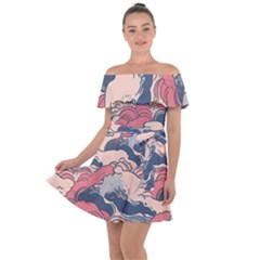 Waves Ocean Sea Water Pattern Rough Seas Digital Art Nature Nautical Off Shoulder Velour Dress