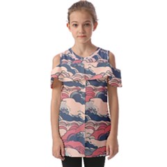 Waves Ocean Sea Water Pattern Rough Seas Digital Art Nature Nautical Fold Over Open Sleeve Top by Bedest