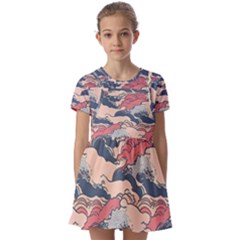 Waves Ocean Sea Water Pattern Rough Seas Digital Art Nature Nautical Kids  Short Sleeve Pinafore Style Dress by Bedest