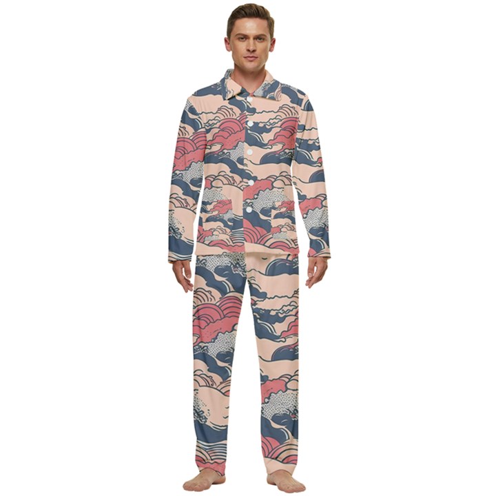 Waves Ocean Sea Water Pattern Rough Seas Digital Art Nature Nautical Men s Long Sleeve Velvet Pocket Pajamas Set