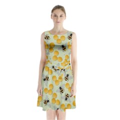 Bees Pattern Honey Bee Bug Honeycomb Honey Beehive Sleeveless Waist Tie Chiffon Dress by Bedest