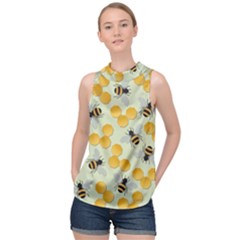 Bees Pattern Honey Bee Bug Honeycomb Honey Beehive High Neck Satin Top by Bedest