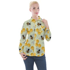 Bees Pattern Honey Bee Bug Honeycomb Honey Beehive Women s Long Sleeve Pocket Shirt