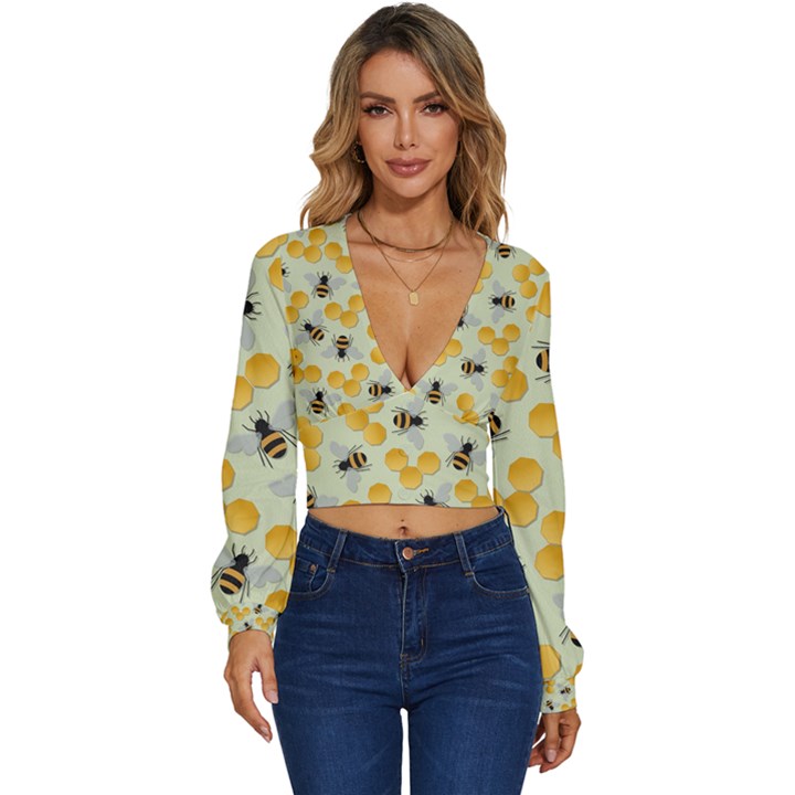 Bees Pattern Honey Bee Bug Honeycomb Honey Beehive Long Sleeve Deep-V Velour Top