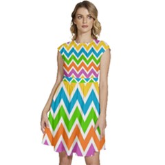 Chevron Pattern Design Texture Cap Sleeve High Waist Dress