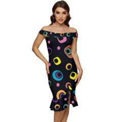 Abstract Background Retro 60s 70s Off Shoulder Ruffle Split Hem Bodycon Dress by Apen