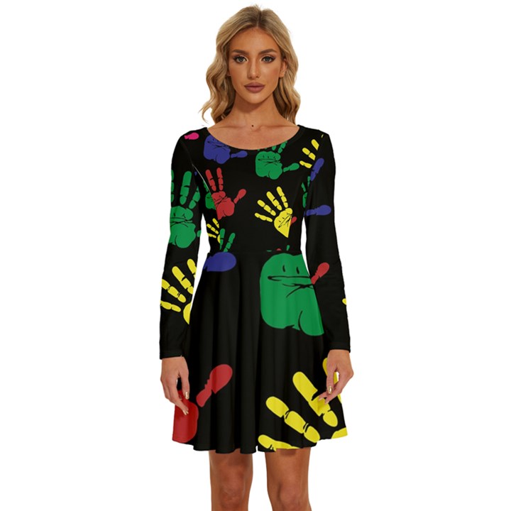 Handprints Hand Print Colourful Long Sleeve Wide Neck Velvet Dress