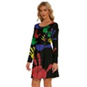 Handprints Hand Print Colourful Long Sleeve Wide Neck Velvet Dress View2