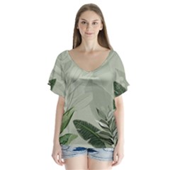 Banana Leaf Plant Pattern V-neck Flutter Sleeve Top