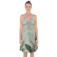 Banana Leaf Plant Pattern Ruffle Detail Chiffon Dress