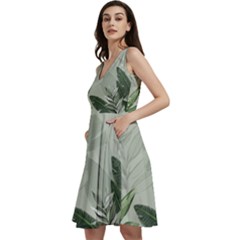 Banana Leaf Plant Pattern Sleeveless V-neck Skater Dress With Pockets