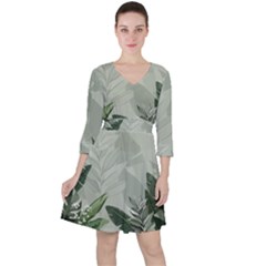 Banana Leaf Plant Pattern Quarter Sleeve Ruffle Waist Dress by anzea