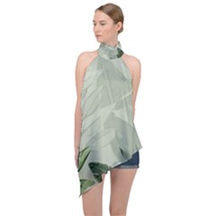 Banana Leaf Plant Pattern Halter Asymmetric Satin Top