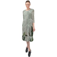 Banana Leaf Plant Pattern Ruffle End Midi Chiffon Dress