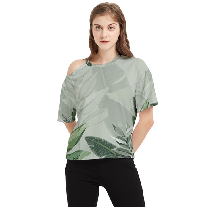 Banana Leaf Plant Pattern One Shoulder Cut Out T-Shirt