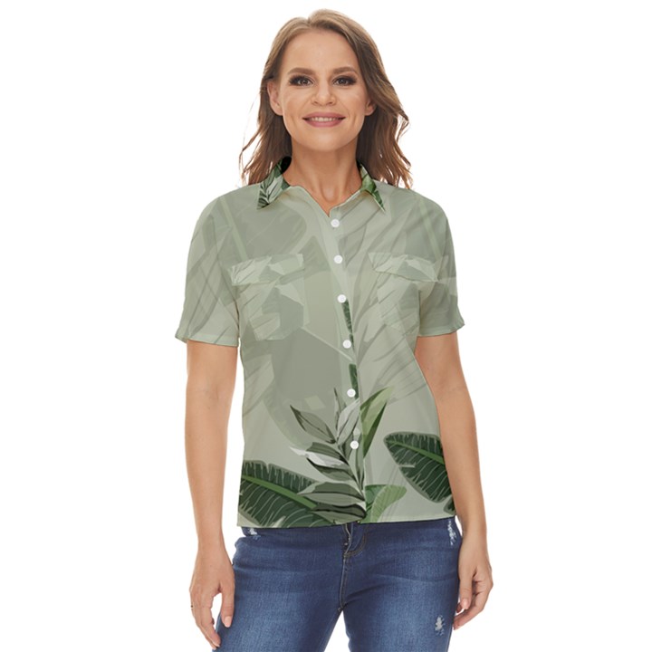 Banana Leaf Plant Pattern Women s Short Sleeve Double Pocket Shirt