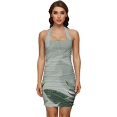 Banana Leaf Plant Pattern Sleeveless Wide Square Neckline Ruched Bodycon Dress