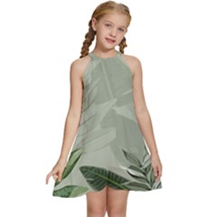 Banana Leaf Plant Pattern Kids  Halter Collar Waist Tie Chiffon Dress