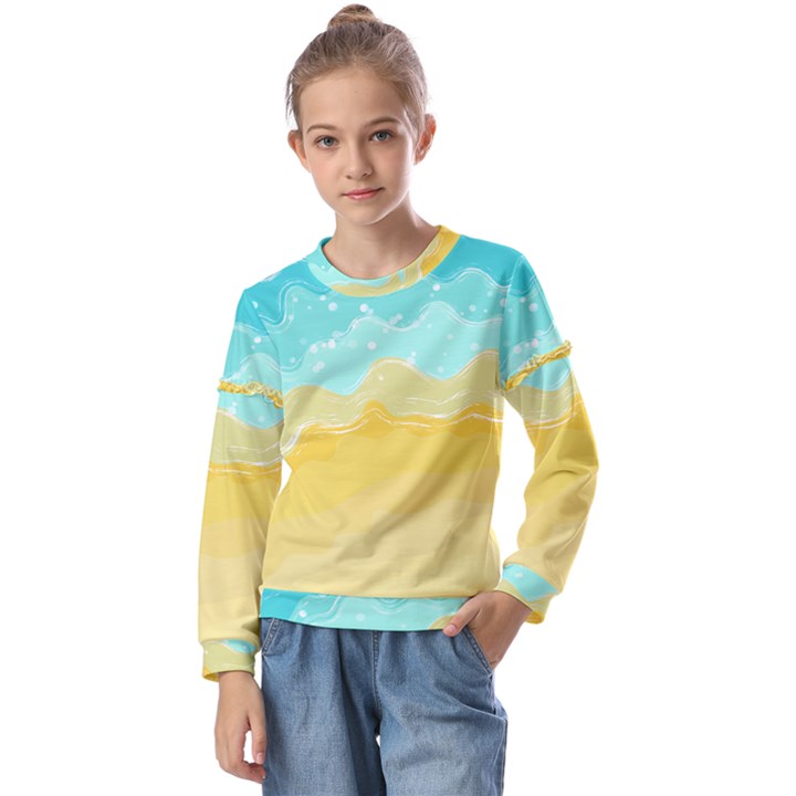 Abstract Background Beach Coast Kids  Long Sleeve T-Shirt with Frill 