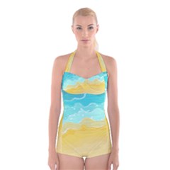 Abstract Background Beach Coast Boyleg Halter Swimsuit 