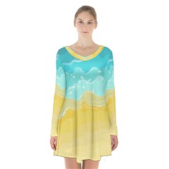 Abstract Background Beach Coast Long Sleeve Velvet V-neck Dress