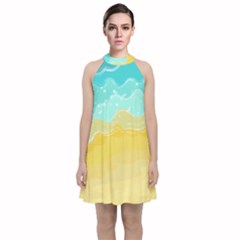 Abstract Background Beach Coast Velvet Halter Neckline Dress 