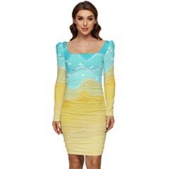 Abstract Background Beach Coast Women Long Sleeve Ruched Stretch Jersey Dress by anzea