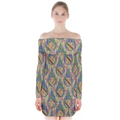 Tribal Background Boho Batik Long Sleeve Off Shoulder Dress