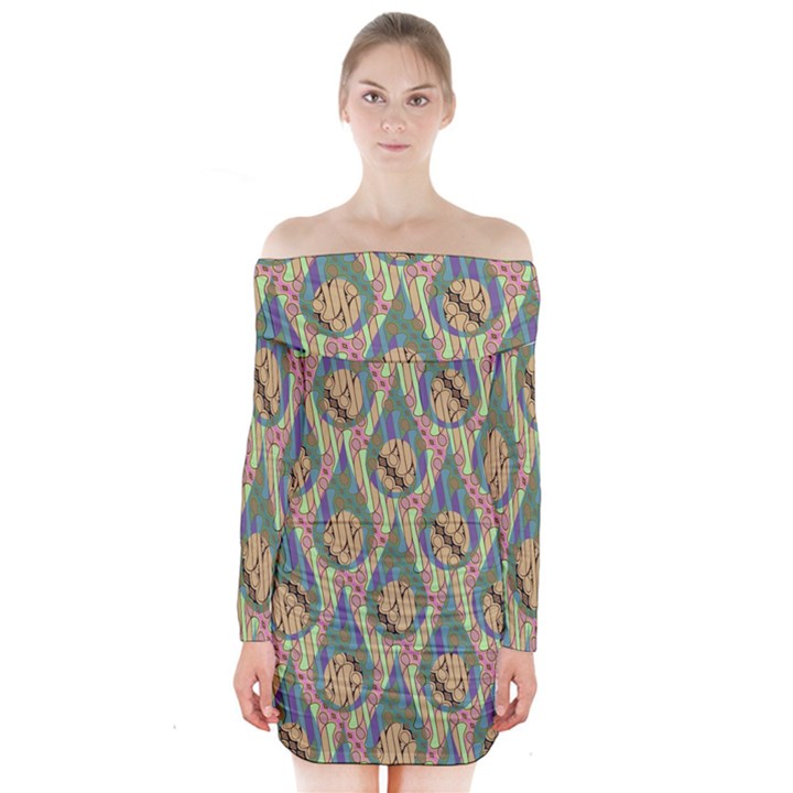 Tribal Background Boho Batik Long Sleeve Off Shoulder Dress