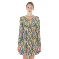 Tribal Background Boho Batik Long Sleeve Velvet V-neck Dress