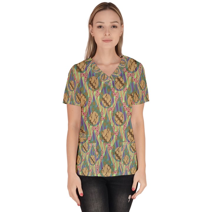 Tribal Background Boho Batik Women s V-Neck Scrub Top