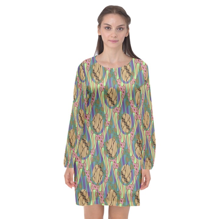 Tribal Background Boho Batik Long Sleeve Chiffon Shift Dress 