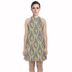 Tribal Background Boho Batik Velvet Halter Neckline Dress 