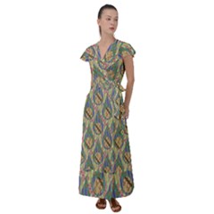 Tribal Background Boho Batik Flutter Sleeve Maxi Dress