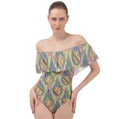 Tribal Background Boho Batik Off Shoulder Velour Bodysuit 