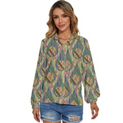 Tribal Background Boho Batik Women s Long Sleeve Button Up Shirt